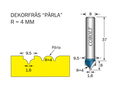 Cobolt Dekorfräs Pärla R=4 D=9.5 S=8