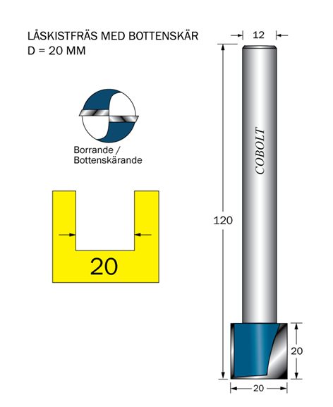 Cobolt Låskistfräs D=20 L=20 TL=120 S=12 - med