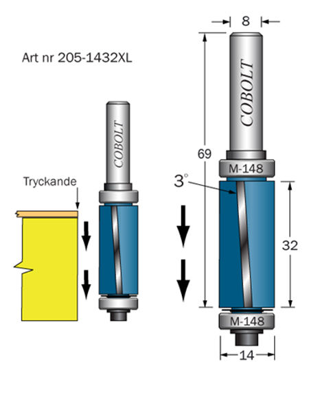 Cobolt Kantfräs D=14, L=32, NEGATIV S=8 - med