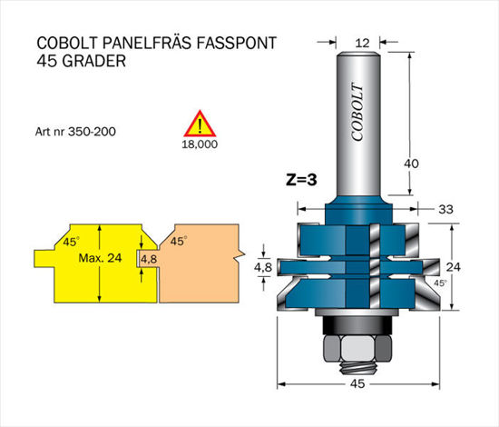 Bild på Cobolt Panelfräs "Fas-spont" 45° D=45 S=12