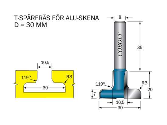 Cobolt T-Spårfräs D1=30 D2=10.5 R=3 L=20 S=8