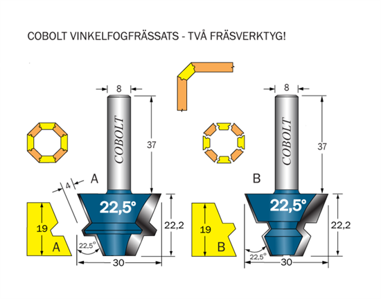 Cobolt Vinkelfogfräs-sats 22.5° L=19 S=8