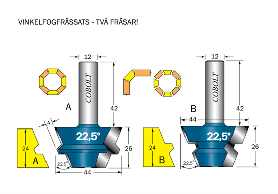 Cobolt Vinkelfogfräs-sats 22.5° L=24 S=12