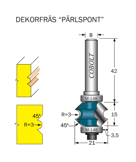 Cobolt Pärlspont Dekorfräs R=3 45° L=15 D=21 S=8