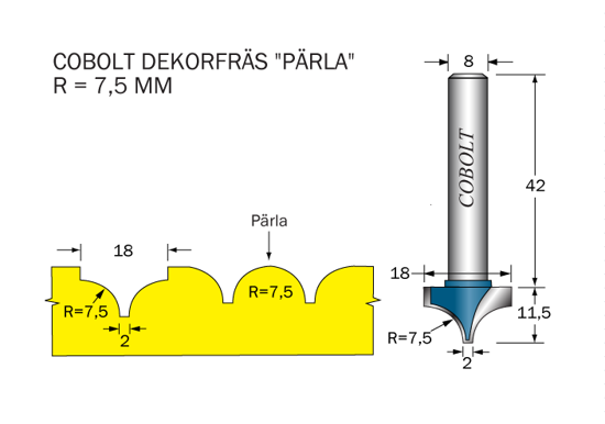 Cobolt Dekorfräs Pärla D=18 R=7.5 S=8