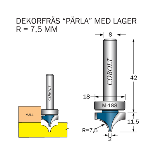 Cobolt Dekorfräs Pärla D=18 R=7.5 S=8