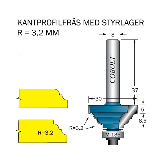 Cobolt Kantprofilfräs R=3.2 L=13.5 F=8.5 D=30 S=8