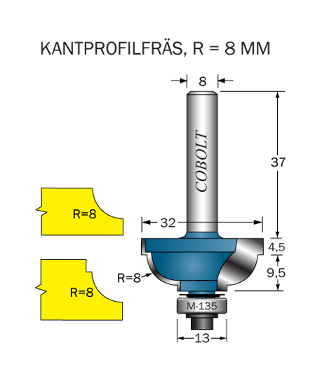 Cobolt Kantprofilfräs CAVETTO R=8 L=14 F=9.5 D=32 S=8