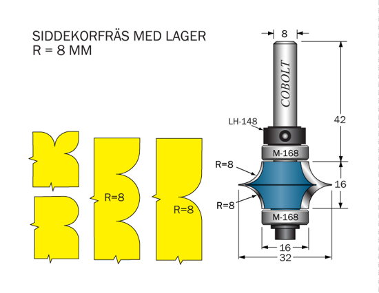 Cobolt Siddekorfräs R=8 F=16 L=16 D=32 S=8