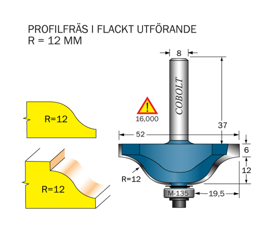 Cobolt Profilfräs dubbelradie R=12 L=18 F=19.5 D=52 S=8