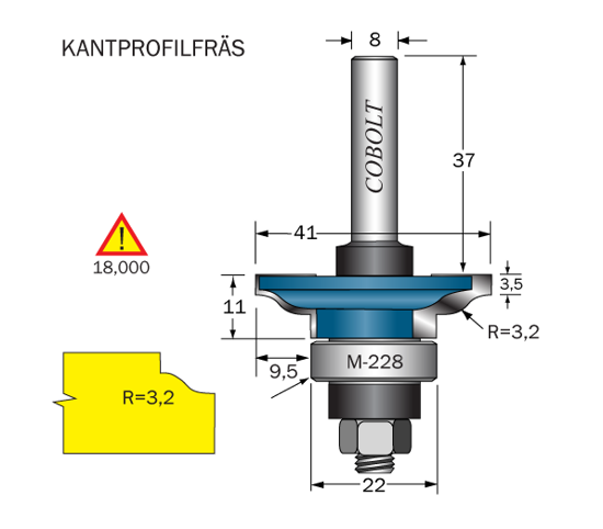 Cobolt Kantprofilfräs R=3.2 D=41 L=11 F=9.5 S=8
