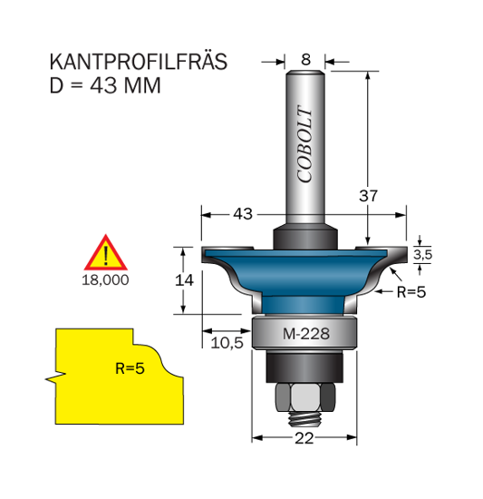 Cobolt Kantprofilfräs R=5 D=43 L=14 F=10.5 S=8