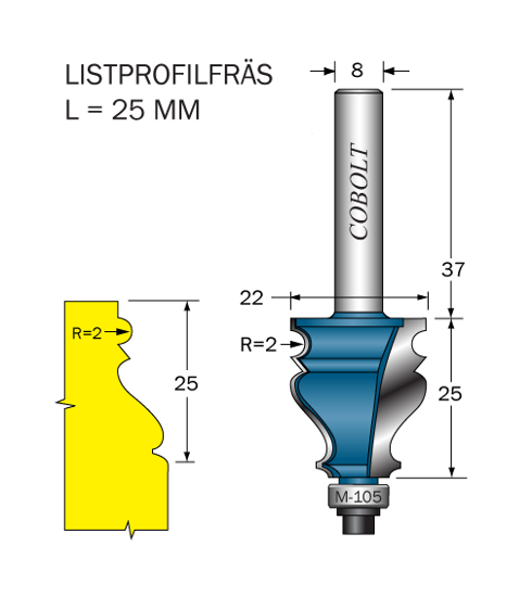 Cobolt Listprofilfräs D=22 L=25 R=2 S=8