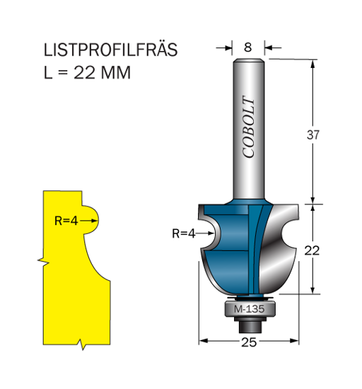 Cobolt Listprofilfräs D=25 L=22 R=4 S=8