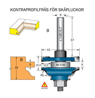 Cobolt Kontraprofilfräs B skåplucka R=5 D=43 Not=6 S=8