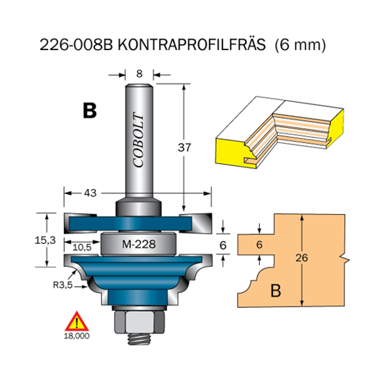 Cobolt Kontraprofilfräs B skåplucka R=3.5 D=43 Not=6 S=8