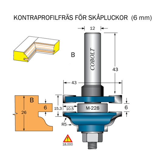 Cobolt Kontraprofilfräs B skåplucka D=43 D=43 Not=6 S=12