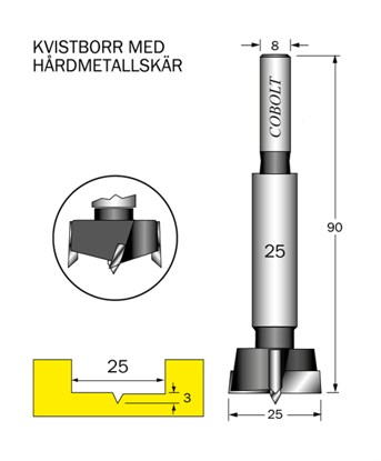 Cobolt HM Kvistborr D=25 TL=90 S=8