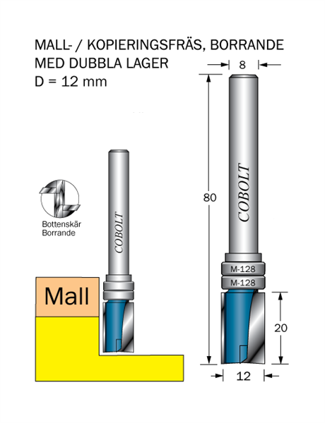 Cobolt Mallfräs D=12 L=20 TL=80 S=8 - med