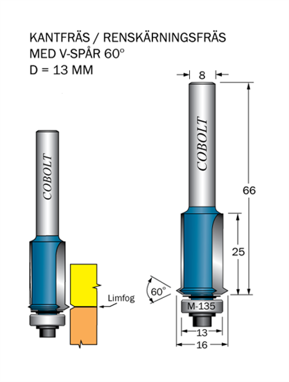 Cobolt Kantfräs med V-spår D=13 L=25 S=8