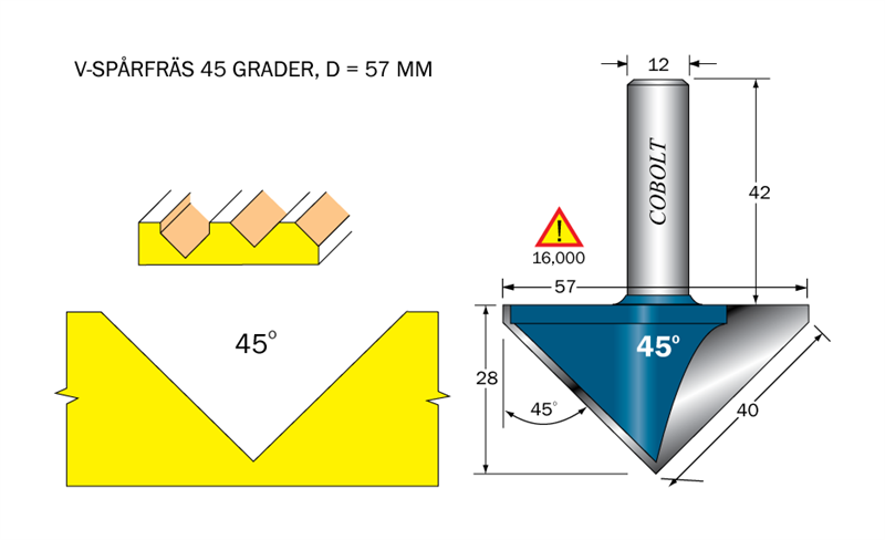 Cobolt V-spårfräs 45° L=27 F=40 D=57 S=12 - grader