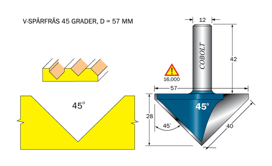 Cobolt V-spårfräs 45° L=27 F=40 D=57 S=12