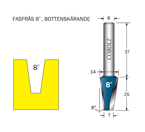 Cobolt Fasfräs 8° L=25 D1=14 D2=7 S=8