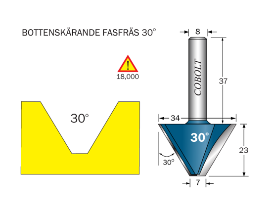 Cobolt Fasfräs 30° L=23 D1=34 D2=7 S=8