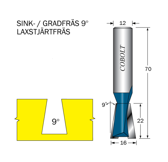 Cobolt Sinkfräs 9° D=16 L=22 TL=70 S=12