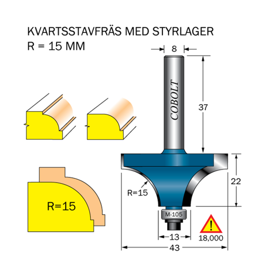 Cobolt Kvartsstavfräs R=15 D=43 L=22 S=8