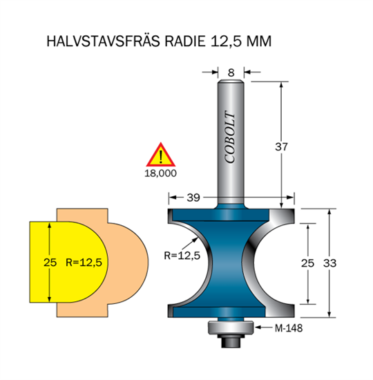 Cobolt Halvstavfräs R=12,5 L1=25 L2=33 S=8