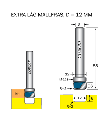 Cobolt Mallfräs m lager R=2 D=12 L=6 S=8