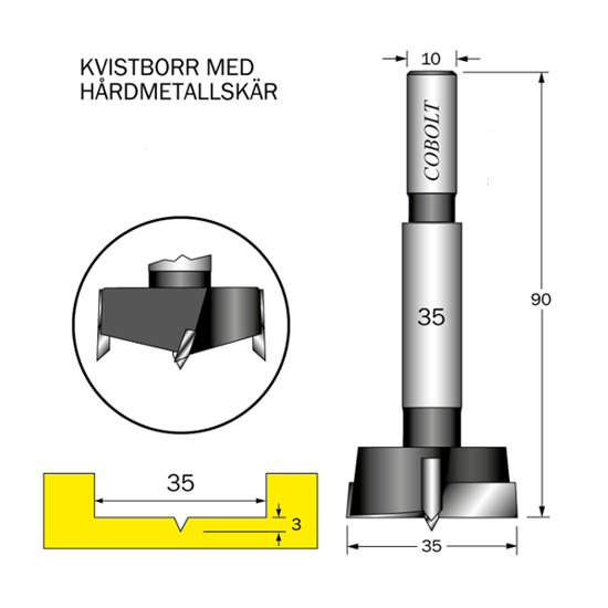 Cobolt HM Kvistborr D=35 TL=90 S=10