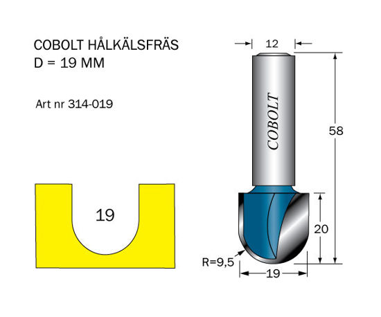 Cobolt Hålkälsfräs D=19 L=20 TL=58 | toolab.se
