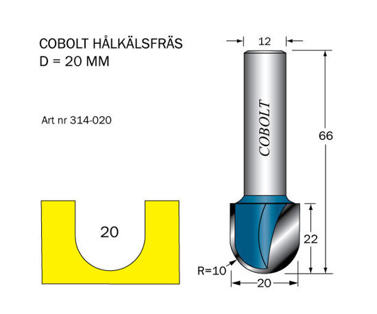 Cobolt Hålkälsfräs D=20 L=22 TL=64 S=12 | toolab.se