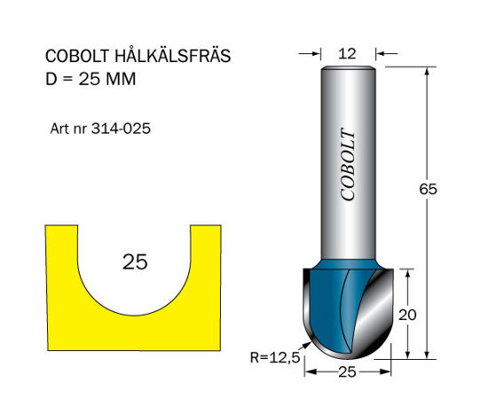 Cobolt Hålkälsfräs D=25 L=20 TL=65 | toolab.se