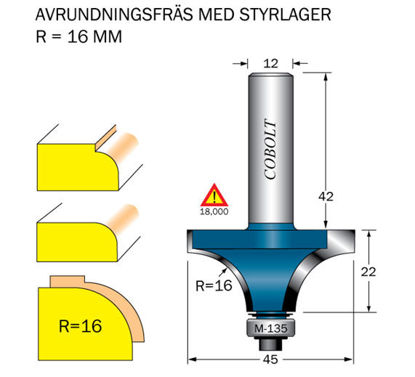 Cobolt Avrundningsfräs R=16 D=45 S=12 | toolab.se