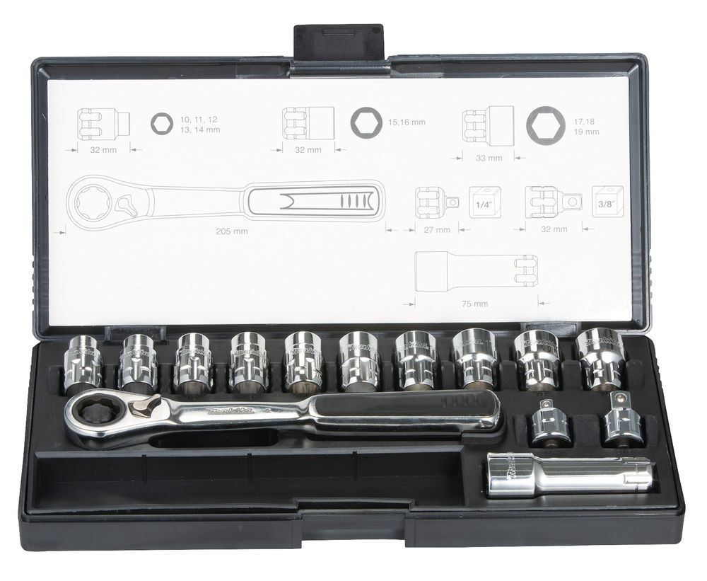 Makita B-6595 Hylsnyckelsats i 14 delar, genomgående hylsor 21-delar - låda med