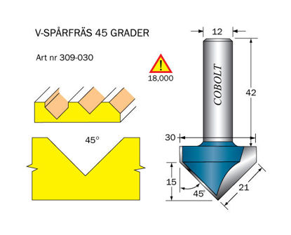 Cobolt V-spårfräs 45grad, D=30, L=15 S=12mm