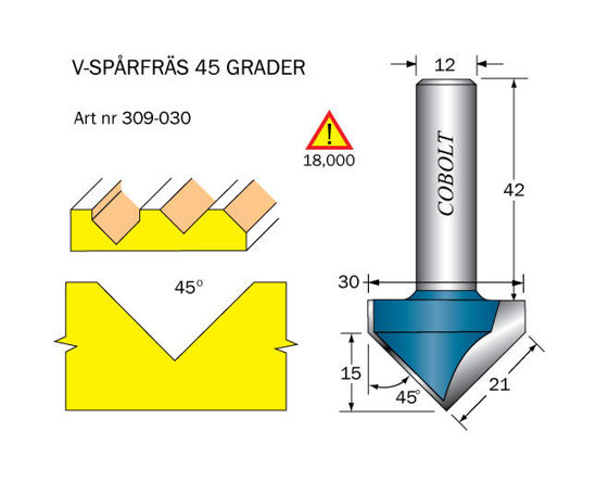 Cobolt V-spårfräs 45grad, D=30, L=15 S=12mm