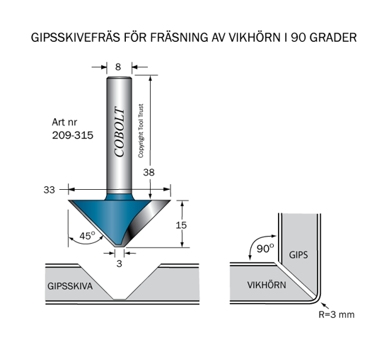 Cobolt Gipsskivefräs 45° L=15 D=33 S=8